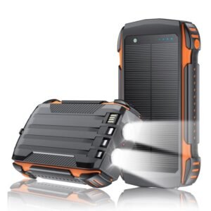 rugged outdoor solar power bank with built in charging cables & dual led flashlight
