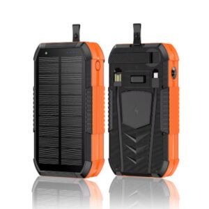 rugged solar power bank with wireless charging pad, built in cables & compass
