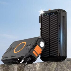 g motec 539 rugged solar power bank with built in ac wall plug, wireless charging & emergency flashlight