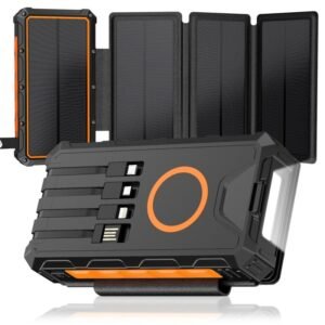 g motec 599 rugged solar charging power bank with foldout solar panels, built in multi cables & emergency flashlight