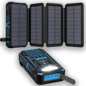 g motec 905 rugged solar power bank with 4 foldout panels, built in multi cables, wireless charging & led light panel