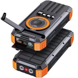 g motec 908 rugged hand crank solar power bank with wireless charging, built in multi cables & dual flashlight