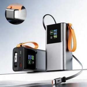 g motec m1703 high power fast charging power bank with smart color display, flashlight & built in cable